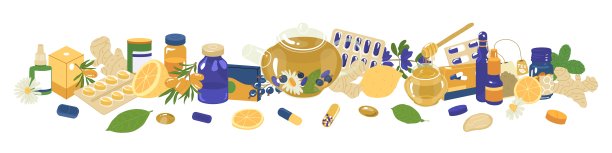 本品为医药保健品。片剂、胶囊泡剂、药液玻璃瓶、茶叶、生姜、蜂蜜、柠檬、浆果。卫生保健的概念。矢量插图。图片下载