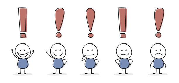 经营理念。带有感叹号图标的有趣的stickman。向量图片下载