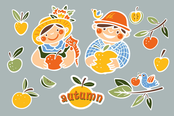 一套贴着幸福夫妇和苹果的贴纸。图片下载