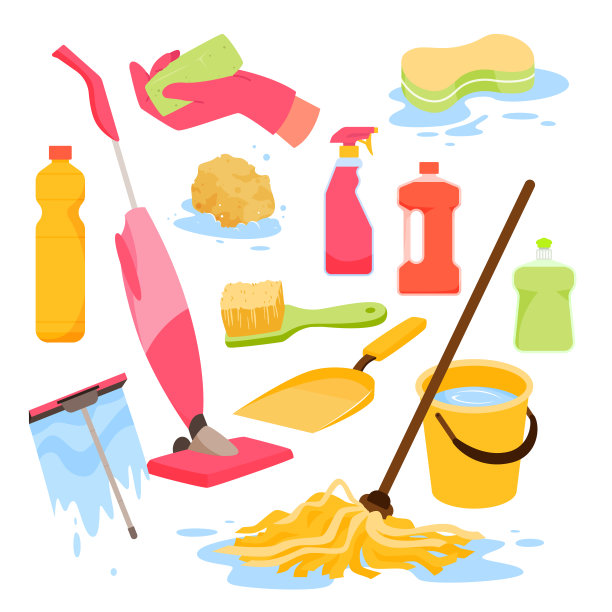 卡通化学杀菌洗洁精喷雾和海绵瓶，橡胶手套为手，塑料桶隔离在白色。清洁设备和家用清洁工具设置矢量插图。图片下载