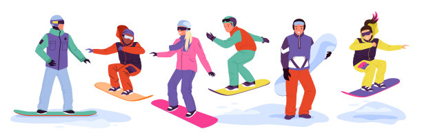 卡通快乐滑雪板运动员从雪山斜坡上跳跃，成人滑雪板，极限运动和爱好孤立在白色上。图片下载