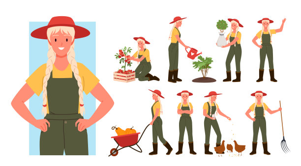 一套微笑的年轻农民女孩和工作的花园职位图片下载