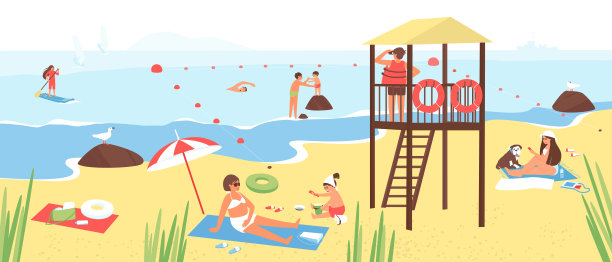 一位救生员站在海边的高塔上看着海里的人们图片下载