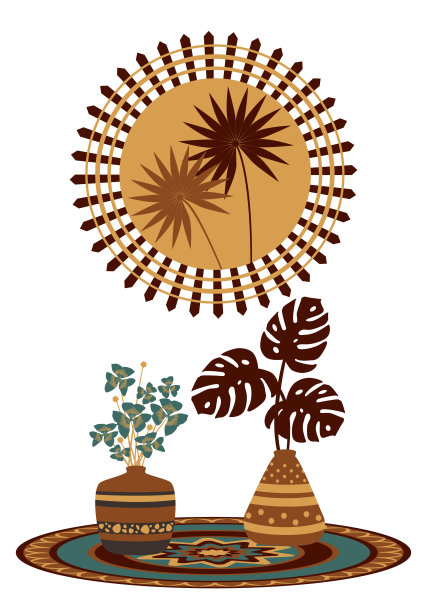 棕榈叶和奇异花朵的花束。在一个巨大的花瓶里的南非和热带植物。花瓶点缀。内部。矢量插图。用于海报，胸针，卡片，封面，徽章，记事本。图片下载