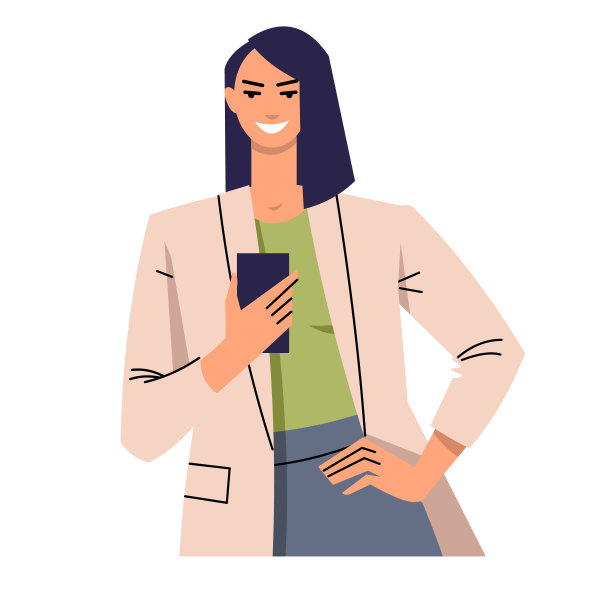 一名年轻女子正在使用手机。微笑的女商人手里拿着一个设备。视频通话，在线聊天。图片下载