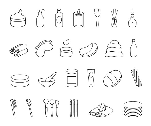 集线性图标化妆品，水疗，美容沙龙。轮廓符号的一罐奶油，乳液，毛巾，补丁，刷子的网站，应用程序。向量孤立的插图。图片下载