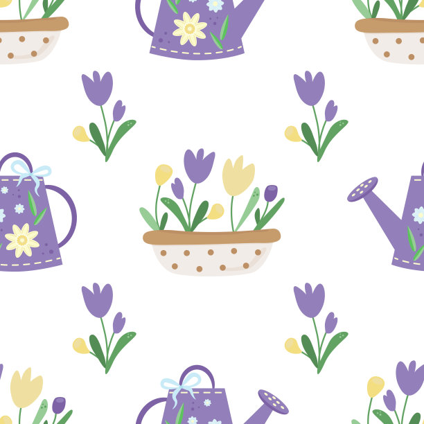 一套简单的春季、夏季插图。紫色喷壶，圆点花园花盆，黄色和丁香郁金香，绿色的叶子，圆点植物花车，蓝色的花，郁金香，绿色的叶子，昆虫屋。无缝向量模式上的白色图片下载