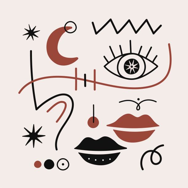 抽象版画设计与月亮，星星，眼睛和涂鸦元素。图片下载
