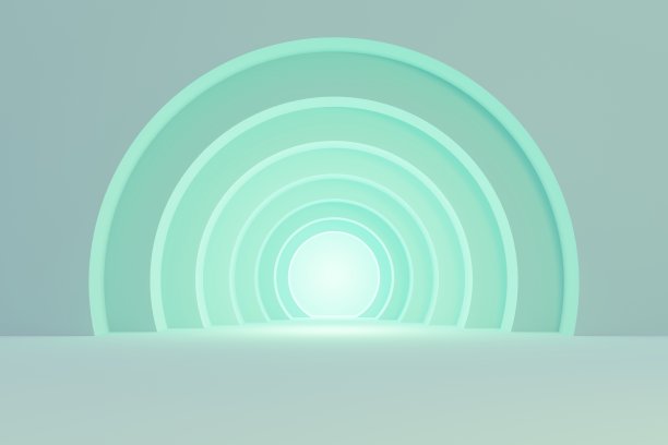 柔和的薄荷背景拱隧道与发光的建筑元素3d插图图片下载