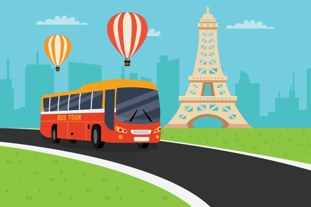 巴士旅游与艾菲尔铁塔在路上移动图片下载