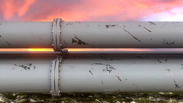 工业管道和阀门夕阳天空背景，旗帜。图片下载