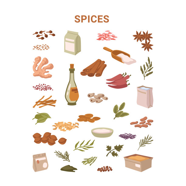 天然有机食材，用于食品调味，隔离香料。矢量平面风格，薄荷和橄榄油罐，牛至和大蒜，八角星和肉桂棒，姜黄粉图片下载