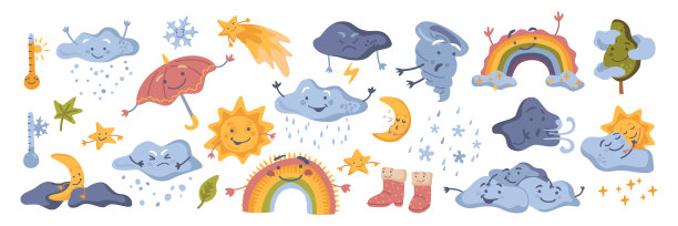 幼稚可爱的天气角色，面带微笑。矢量在平面风格，彩虹和雨，雨伞和云，太阳和星星，情绪和龙卷风。炎热和寒冷的温度图片下载