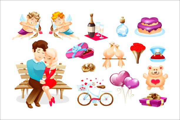 情人节快乐元素集向量插图图片下载