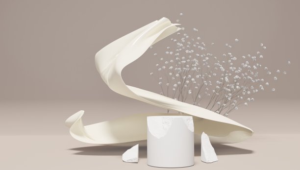 展示化妆品、香水和沐浴用品的讲台。风中的瓷丝带。3 d渲染。图片下载