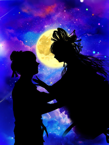 七夕传说中的织姬和昼波在繁星满天的天空中重逢，画的是剪纸插画风格图片下载