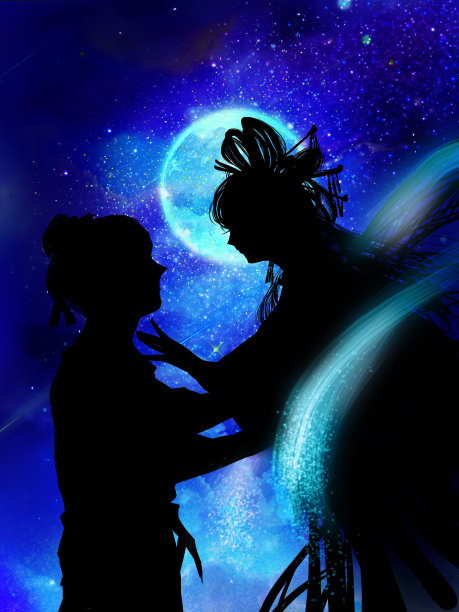 七夕传说中的织姬和昼波在繁星满天的天空中重逢，画的是剪纸插画风格图片下载