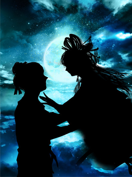 七夕传说中的织姬和昼波在繁星满天的天空中重逢，画的是剪纸插画风格图片下载