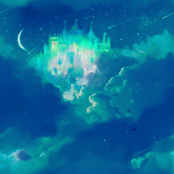 一个中世纪欧洲城堡的图案说明在云海与星星和新月在夜空闪烁。图片下载