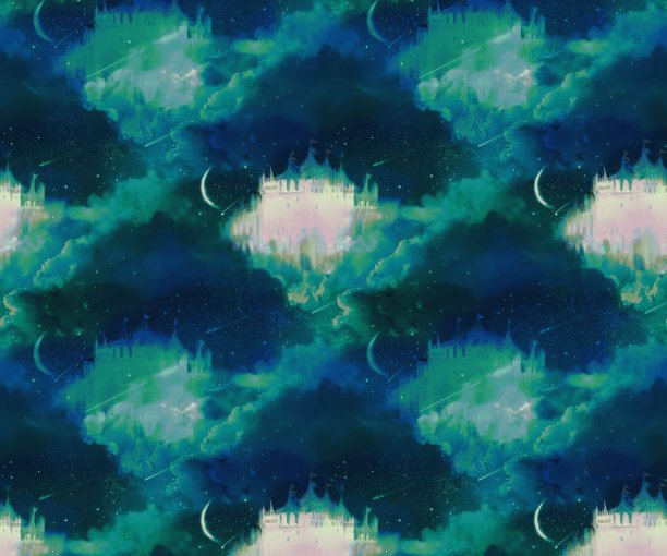 一个中世纪欧洲城堡的图案说明在云海与星星和新月在夜空闪烁。图片下载