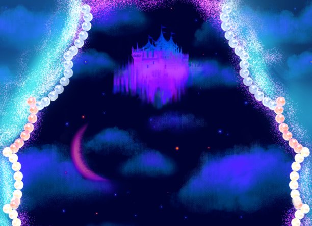 一幅中世纪欧洲城堡的插图，云海中，星星和新月在夜空中闪耀。图片下载