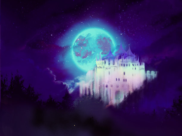 一幅中世纪欧洲城堡的插图，云海中，星星和新月在夜空中闪耀。图片下载