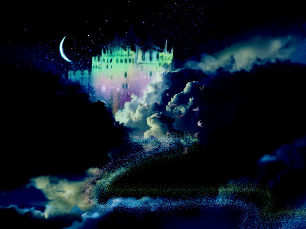 一幅中世纪欧洲城堡的插图，云海中，星星和新月在夜空中闪耀。图片下载