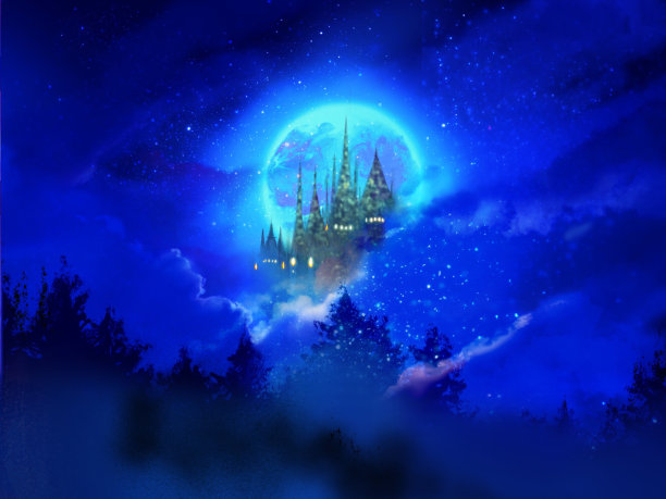 一幅中世纪欧洲城堡的插图，云海中，星星和新月在夜空中闪耀。图片下载