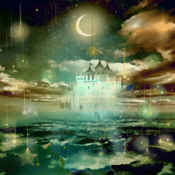 一幅中世纪欧洲城堡的插图，云海中，星星和新月在夜空中闪耀。图片下载