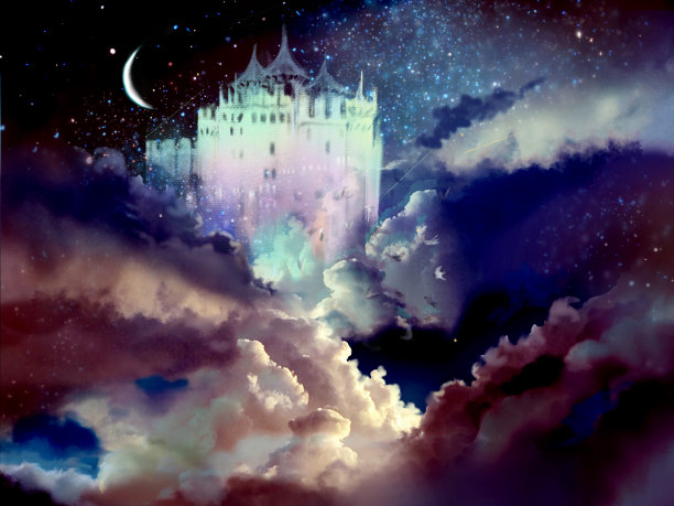 一幅中世纪欧洲城堡的插图，云海中，星星和新月在夜空中闪耀。图片下载
