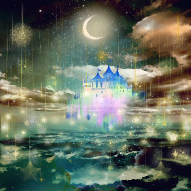 一幅中世纪欧洲城堡的插图，云海中，星星和新月在夜空中闪耀。图片下载