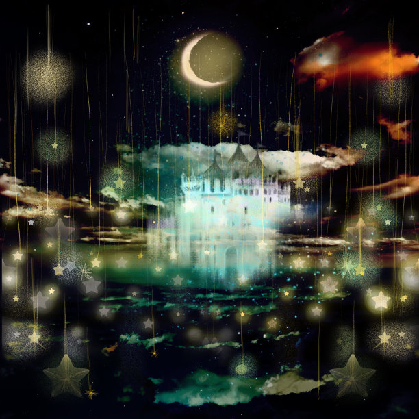 一幅中世纪欧洲城堡的插图，云海中，星星和新月在夜空中闪耀。图片下载