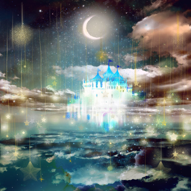 一幅中世纪欧洲城堡的插图，云海中，星星和新月在夜空中闪耀。图片下载