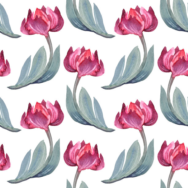 无缝图案水彩红色抽象郁金香与绿色叶子在白色背景。手绘春花庆祝三月八日。墙纸贴纸艺术，写生本花店图片下载