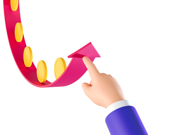 商人用红色箭头指着上面的硬币。金融隐喻，揭示了股指上涨的概念。三维渲染图片下载