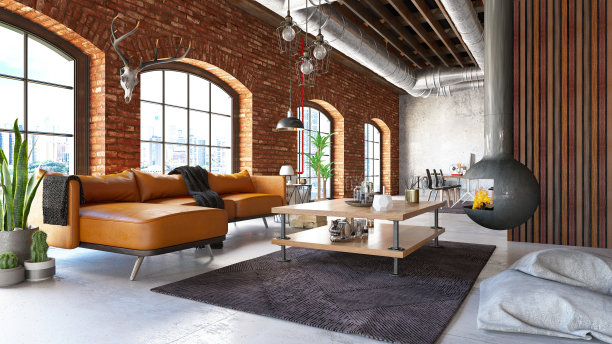 工业风格的阁楼客厅配有舒适的家具和壁炉图片下载