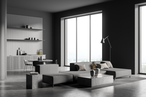 开放式厨房设计室内别墅客厅与现代家具，混凝土地板，巨大的沙发。餐桌。全景窗口。放松的概念。三维渲染图片下载