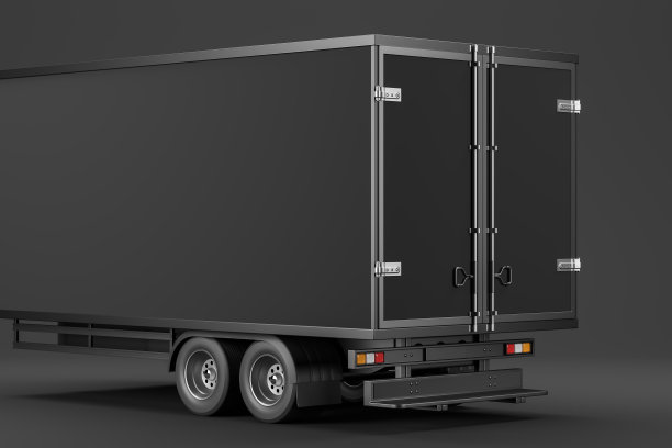 长现代拖车孤立在黑色背景。模型图片下载
