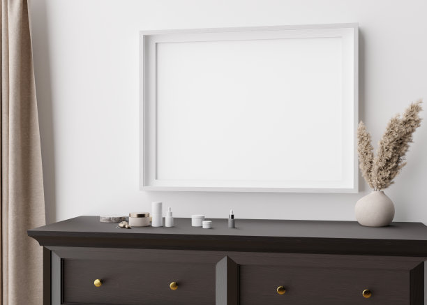 现代卧室白墙上的空画框。模拟室内当代风格。关闭视图。你的照片，海报的自由空间。控制台，花瓶，潘帕斯草，化妆品。3 d渲染。图片下载