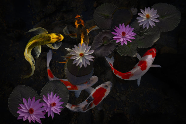 锦鲤，荷花和荷叶图片下载