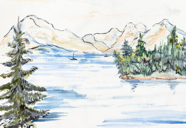 湖边有云杉。远处的雪山图片下载