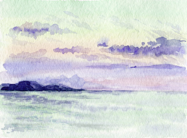 水彩日落在海上，海景，手绘插图图片下载