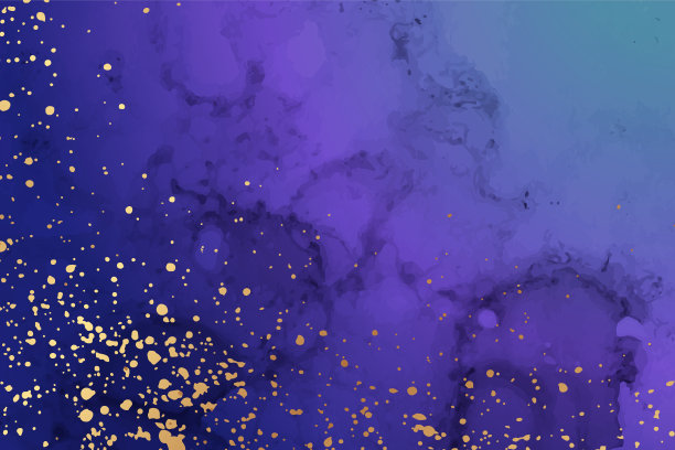 水彩背景与抽象的紫色墨波和金色飞溅。图片下载