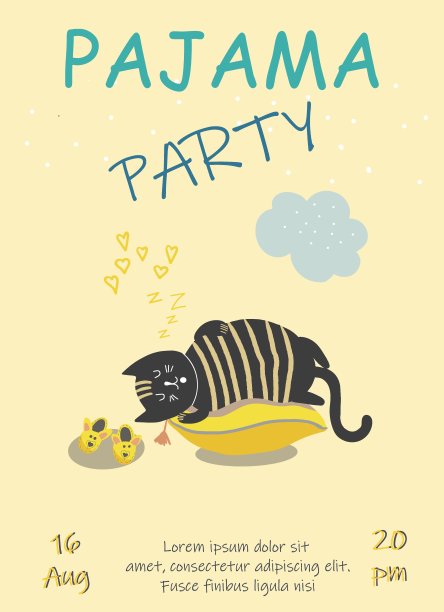 睡衣派对邀请睡在枕头上的条纹肥猫旁边是拖鞋，小云，星星，新月。图片下载