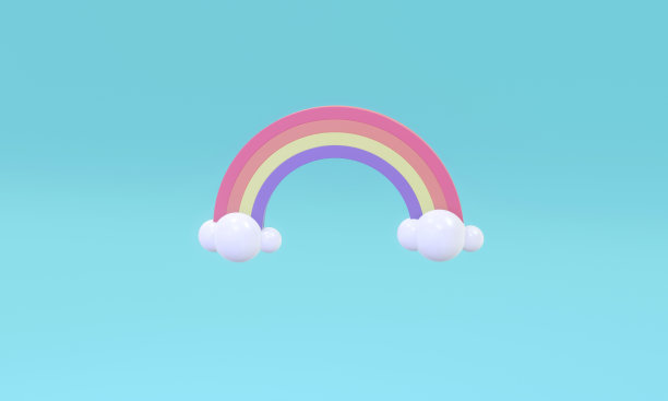彩虹的3D渲染概念:彩虹在蓝天背景上的两朵白云上。3 d渲染。3 d演示。图片下载