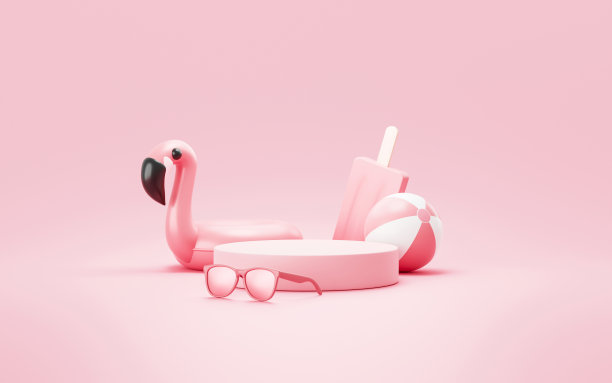 粉色火烈鸟3d平台产品夏季背景展示粉彩化妆品平台舞台或空热带展示艺术模板模型和最小的广告基座站在海滩的背景。图片下载