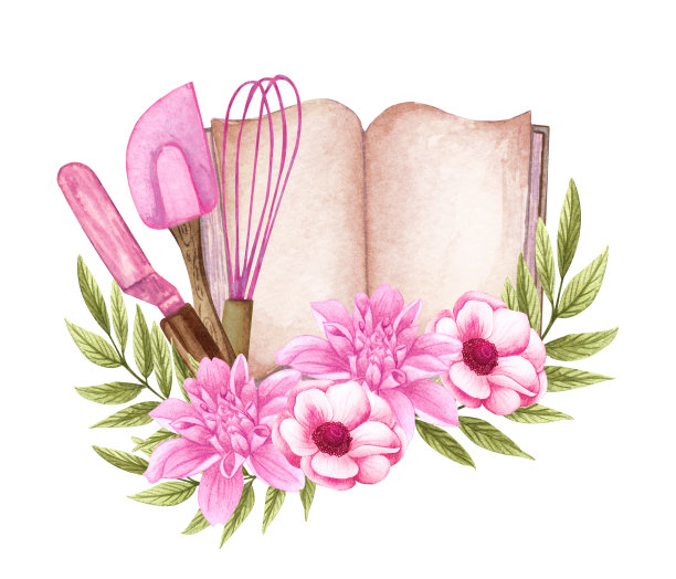烘烤水彩插图与厨房用具，烹饪书，投票针，搅拌器，勺子与粉红色的花。手绘烹饪剪纸。烘焙标志图片下载