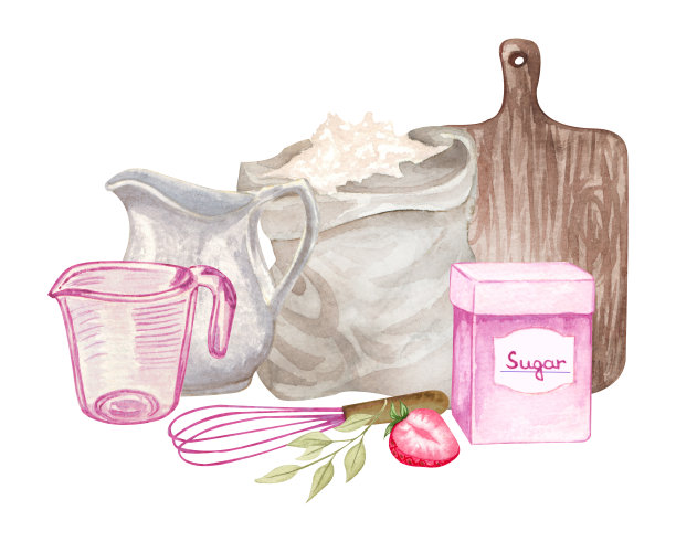 烘烤水彩集厨房用具，搅拌机，巧克力，壶托，勺子，粘土锯齿，在白色背景上搅拌。烹饪剪纸艺术。烘焙插图图片下载