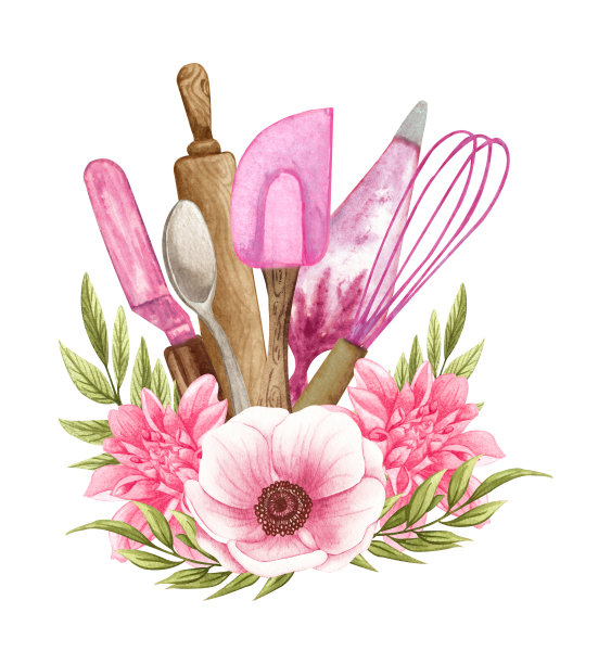 烘烤水彩插图与厨房用具在一个陶制的锯齿，投票针，搅拌器，勺子与粉红色的花。手绘烹饪剪纸。烘焙标志图片下载