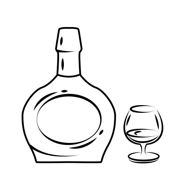 酒饮料瓶素描白兰地与玻璃杯。矢量插图在涂鸦风格。图片下载